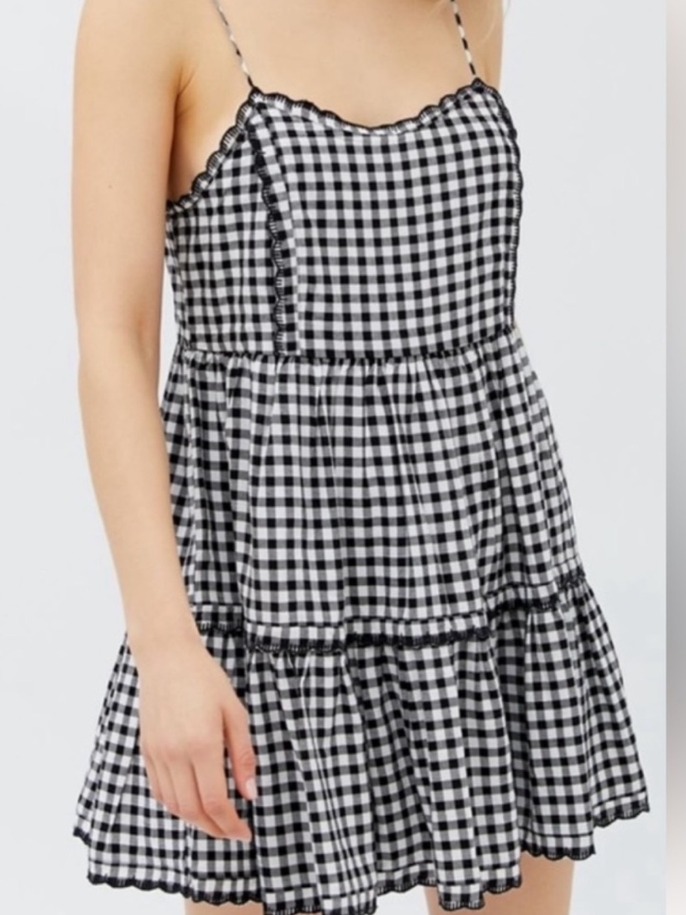 Urban Outfitters Black and White Gingham Tiered Spaghetti-Strap Dress